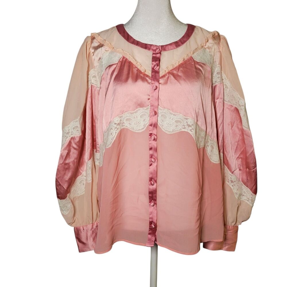 NWT LoveShackFancy Zavia Top XL Pink Satin Lace Balloon Sleeve Coquette Romantic